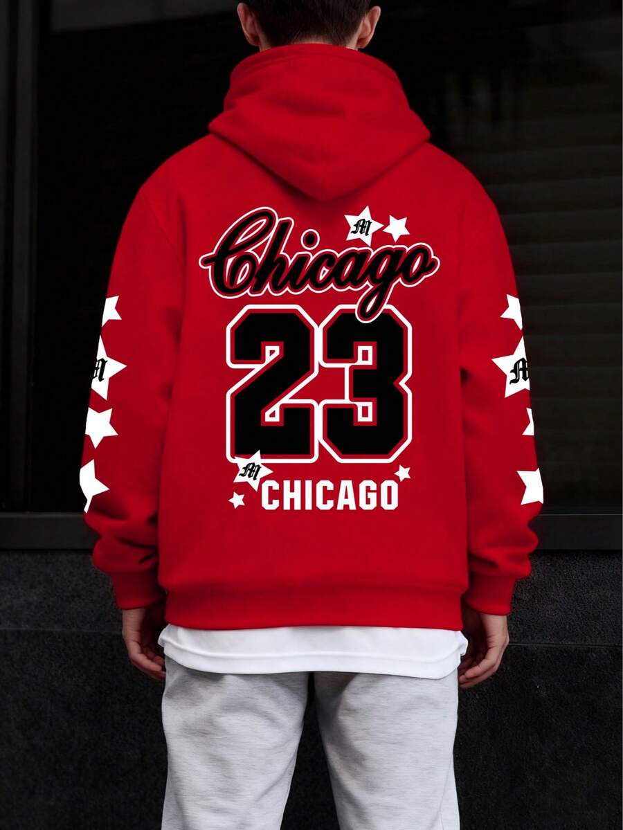 Teen Boy Fashionable Sports Number 23 English Graphic Casual Pullover Sweatshirt, Versatile For Street, Outdoor, Sports, Daily Commute - Red - View 1