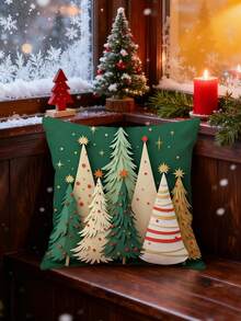 1pc Christmas Pillow Cover, Christmas Tree Print Cushion Cover, 17.7*17.7 Inches (45*45cm), Peach Velvet Material, Digital Printing Single-Sided, Suitable For Sofa, Living Room, Bedroom, Car, Office, Hotel, Decoration, Perfect Gift For Family And Friends, All Seasons