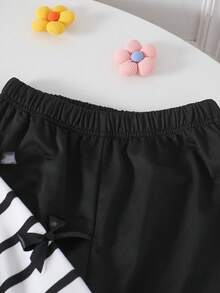 2pcs/Set Girls Autumn Fashion New Bow Decor Striped Long Sleeve Crew Neck Sweatshirt And Casual Versatile Black Loose Wide Leg Pants Set - Multicolor - View 7