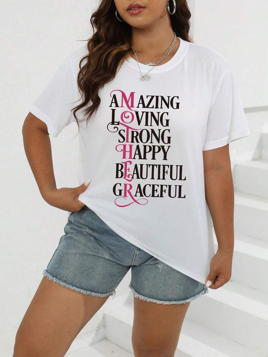 Plus Size Letter Print Casual Round Neck Short Sleeve T-Shirt - White - View 1