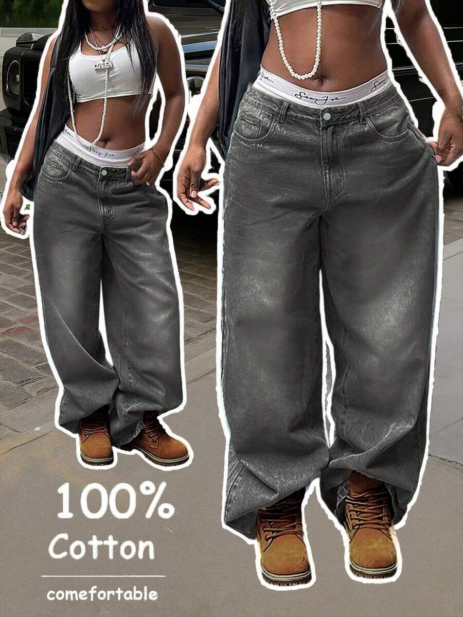 Women's Vacation Style Y2K Washed Distressed Wide Leg Jeans Casual Spring - Grey - View 1