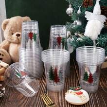 50Pcs 12oz Christmas Disposable Cups Black Green Red Plaid Plastic Party Cups Christmas Tree Clear Plastic Glasses For Xmas Holiday Coffee Juice Hot Cold Drinks Party Supplies - Black - View 5