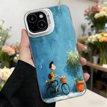 Cubierta de teléfono con diseño de dibujos animados azul con niño en bicicleta y macetas para uso diario Aplicable a los teléfonos de la serie Apple y Galaxy - Blanco - Ver 2