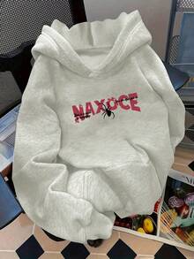 Summer Bestsellers Double Print One-Piece Women's Fashion Hoodie Spider Web English Naxoce Print Creative Fun Cartoon Halloween Night Street  Spring Autumn Winter Fleece American Ins Casual Versatile Long Sleeve Top Supple - 白花灰色 - 查看 2