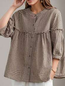 Retro Stylish Loose Plaid Plus Size Casual Shirt - Khaki - View 2