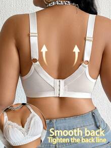Plus Size Women Wireless Bra, Breathable Non-Slip Lace Patchwork Lift Up Adjustable Strap Seamless Everyday Wear - White - View 5
