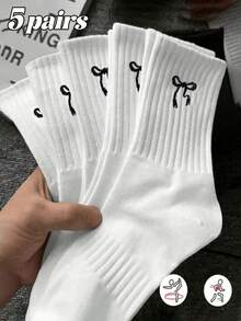 1/5 Pairs Solid Color Bow Decor Women Mid-Calf Socks, Fashion Minimalist Casual Comfortable Everyday Versatile Socks, Suitable For All Seasons