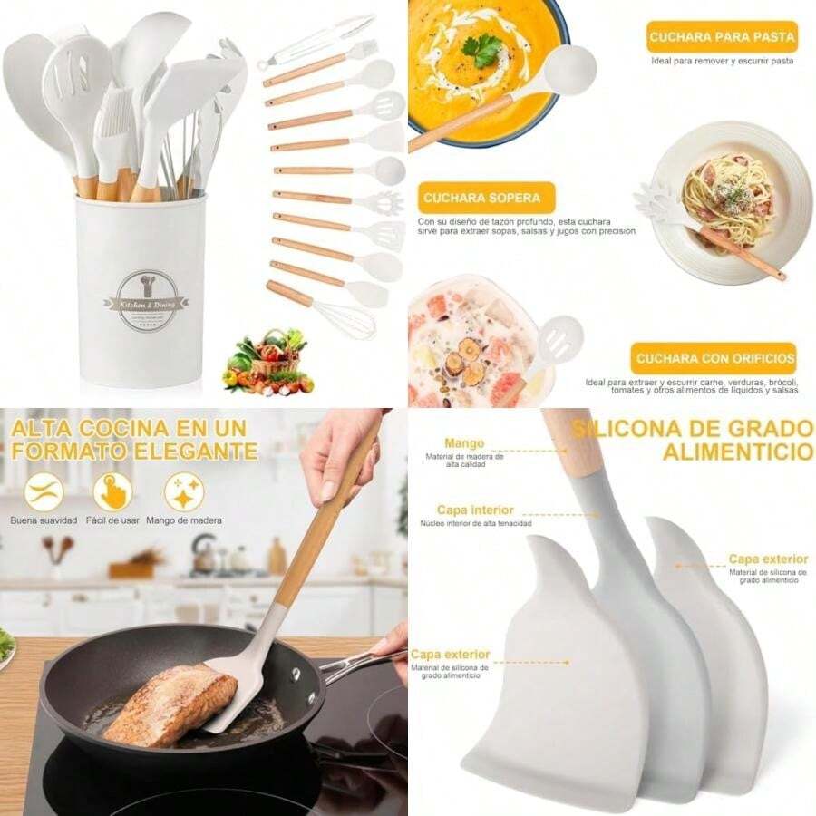 Juego de 12 Herramientas de Cocina Antiadherentes Resistentes Calor,Utensilios de Cocina de SiliconaViene con espátula/cuchara/agitador/clip, etc., aptos para Cocinar y Hornear (blanco)(default) - Multicolor - Ver 1