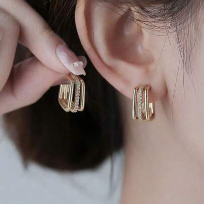 Brincos Femininos Argola Dupla Quadrada com Zircônias, Estilo Moderno e Sofisticado