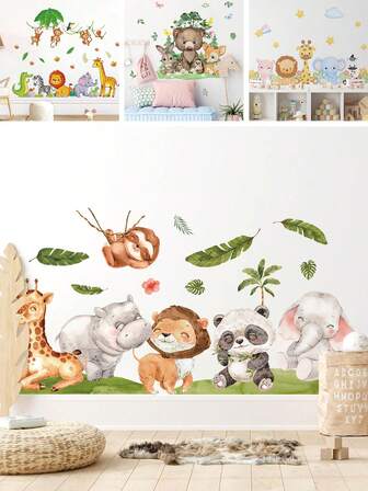 BRUP 1/2 张可爱动物墙贴，适用于婴儿房，可移除，丛林主题壁画贴纸，儿童墙贴，卡通图案，即撕即贴，适合幼儿男孩女孩