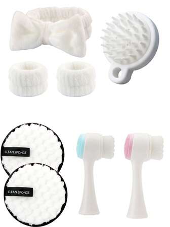 8件套包含：2个洁面刷、2片卸妆棉、3件套洁面套装、1个按摩发刷。白色按摩发刷，软齿洗发刷，珊瑚绒吸水头带/腕带，菠萝形卸妆海绵，双面洁面湿粉扑，深层清洁洁面刷