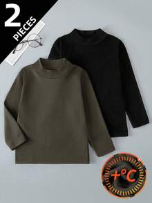 2pcs/Set Thickened Fleece Children Long Sleeve T-Shirt, Casual Versatile Crew Neck Undershirt For Boys, Suitable For 4-12 Years Old, Autumn/Winter - Multicolor - View 1