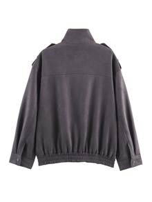 Women's Grey Suede Jacket, Oversized Stand Collar Long Sleeve Coat With Pockets For Spring Fall - Dark Grey - View 4