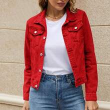 Chaqueta vaquera mujer, chaqueta vaquera mujer, con botones, manga larga y bolsillos, ligera, corta, de mezclilla, a. - 02rojo + G - Ver 5