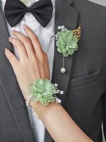 1pc/2pcs Green Rose Flower With Golden Leaves Beaded Brooch And Wristband, Suitable For Groom, Bride, Groomsman, Bridesmaid, Wedding Decoration, Banquet, Party, Travel Souvenir - Green - View 6