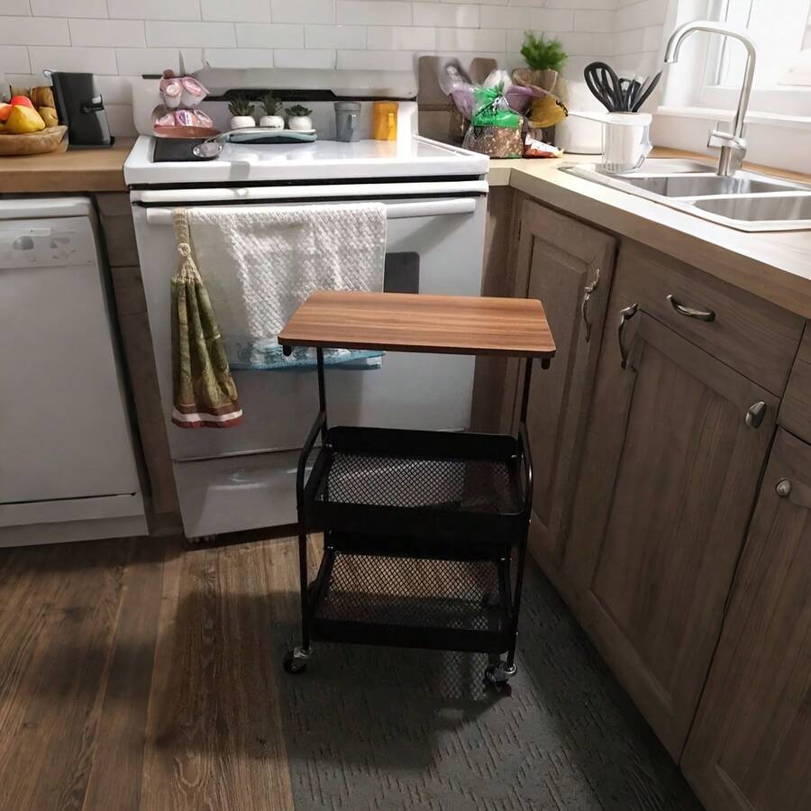 Three-Tier Rolling Cart With Desktop, Metal Tool And Snack Rack, Durable Carbon Steel Frame, Easy-To-Move Wheels, Suitable For Home Or Office Use, Rolling Storage Cart