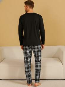 男士睡衣套装两件套，长袖衬衫和长裤，格子简约圆领家居服，适合所有季节 - 黑與白 - 查看 4