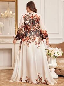 Đầm chiffon Ả Rập cỡ lớn với cổ chữ V, tay dài kiểu giám mục và họa tiết hoa thanh lịch ở gấu váy xòe, kiểu áo kaftan Ma-rốc mùa xuân. - Nhiều màu - Xem 2