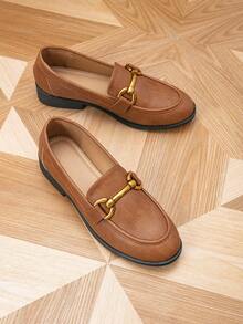 女士乐福鞋，圆头金属扣平底乐福鞋，户外复古女士平底鞋，女士休闲鞋，布洛克女鞋 - 棕色 - 查看 6
