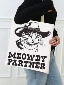 Geantă tote cu imprimeu față-verso cu model de pisică cowboy și fundă roz și cizme de cowboy, geantă de cumpărături cu model Western Cowboy Academy, geantă de cumpărături în stil Boho Academy, cadouri de Ziua Recunoștinței și Paște de toamnă, potrivită pentru uz zilnic, picnicuri și vacanțe la plajă, serviciu, școală, cadouri, 16in * 14in