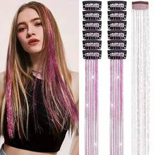 Hair Tinsel Clip In Tinsel Hair Extensions Light Pink Fairy Glitter Hair Tinsel Kit For Women Heat Resistant 21.5In 12Pcs Festival Accessories For Party, Christmas, New Year, Halloween, Cosplay,Pink-B - 粉紅色-B - 查看 2
