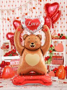 1pc Giant Standing Brown Bear Balloon, Big Brown Bear Holding Heart Shaped Animal Balloon, Suitable For Valentine's Day, Birthday, Party Decoration, Brown Bear Party Decor, Romantic Decoration, Confession, Proposal, Wedding, Anniversary, Bridal Gift Decoration Balloon
