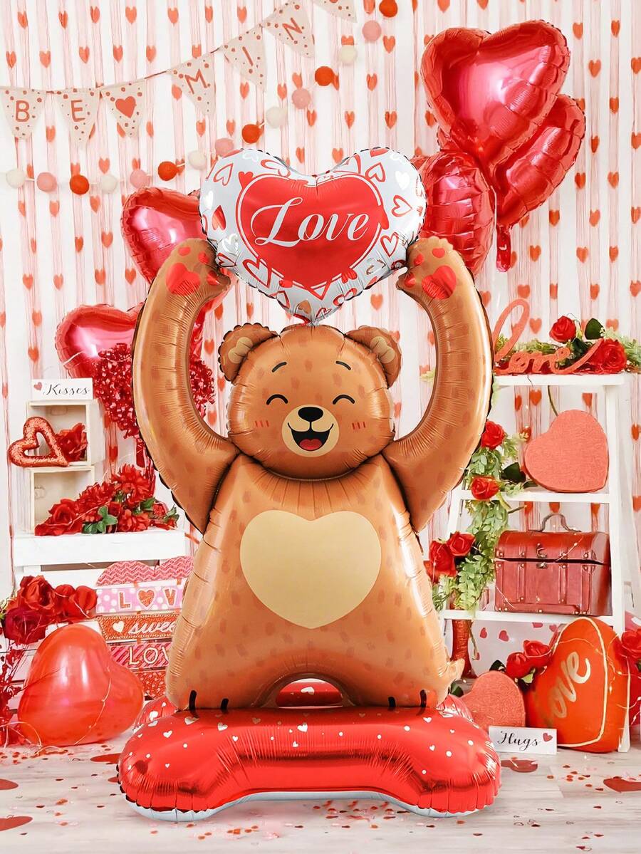 1pc Giant Standing Brown Bear Balloon, Big Brown Bear Holding Heart Shaped Animal Balloon, Suitable For Valentine's Day, Birthday, Party Decoration, Brown Bear Party Decor, Romantic Decoration, Confession, Proposal, Wedding, Anniversary, Bridal Gift Decoration Balloon