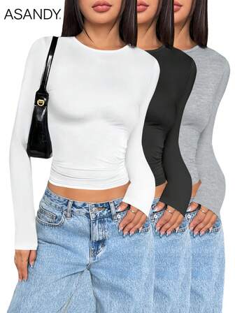 3pcs/Set Women Crew Neck Long Sleeve Solid Color T-Shirts, Slim Fit Casual Pullover Tops