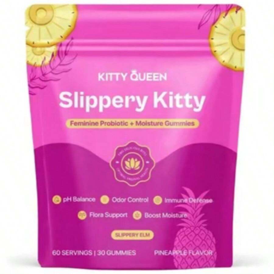 Slippery Kitty Feminine Probiotic + Moisture Gummies-All In One Solution With Slippery Elm 60 CountPineapple Flavor - 1 - View 1