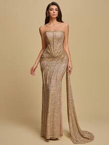 Asonty One 亮片高开衩无肩带礼服，奢华优雅的晚礼服，完美适用于晚餐、生日派对、新年庆祝活动和情人节约会。 - 金色 - 查看 1