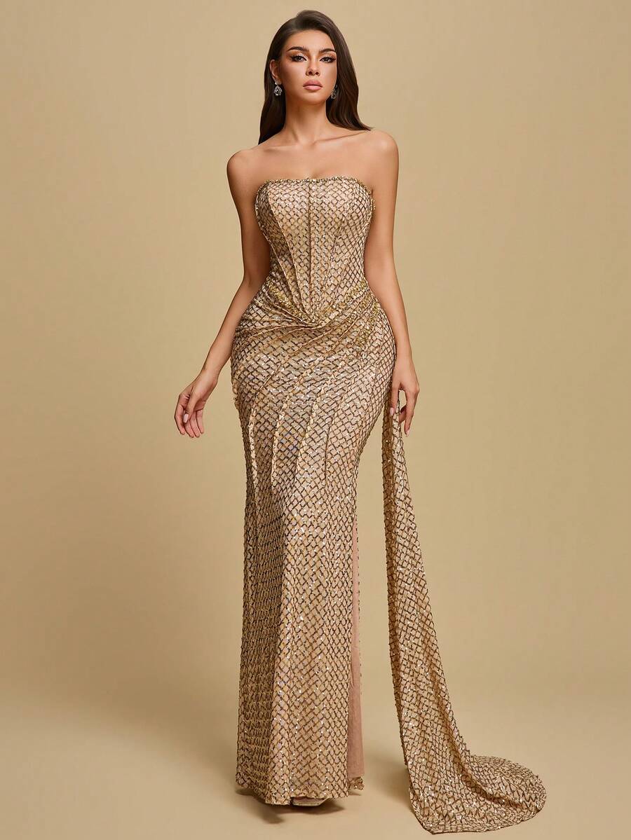 Asonty One 亮片高开衩无肩带礼服，奢华优雅的晚礼服，完美适用于晚餐、生日派对、新年庆祝活动和情人节约会。 - 金色 - 查看 1