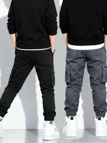 2 piezas Pantalones cargo minimalistas y modernos con múltiples bolsillos para niños pequeños, diseño versátil y deportivo (El tamaño real es talla grande pequeño, se sugiere pedir una talla talla grande grande según la imagen) - Multicolor - Ver 2