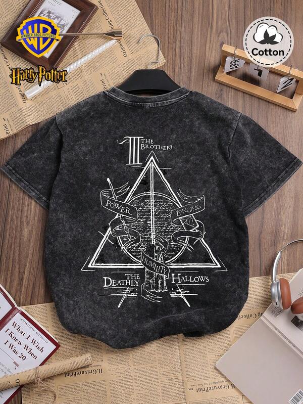 Warner Bros LILL, Autumn Women's Harry Potter Pattern T-Shirt Tops, Slightly Elastic Fit Washed And Distressed Cotton Black Round Neck Short-Sleeved T-Shirt, Casual Daily Street T-Shirt Tops