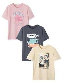 3件套夏季新款简约热带海滩丛林树影图案印花休闲圆领短袖T恤，时尚百搭女式上衣 - 深灰和粉紅色和杏色 - 查看 4