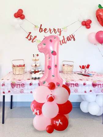 37pcs Strawberry Number Birthday Party Decorations, Includes 32-Inch Pink 0-9 Number Balloons, Strawberry Stickers, Pink Satin Bows, Pink & Red Latex Balloons, Suitable For Strawberry Sweet 1st Birthday Decor, Birthday Party, Berry Theme Party, Baby Shower, Strawberry Party Supplies, Fruit Theme Party Decorations
