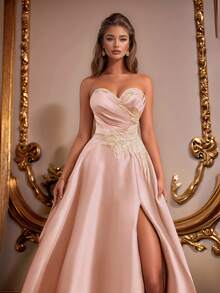 VIPGIRL 优雅缎面无肩带A字连衣裙，高开衩设计，亮片装饰，晚礼服，正式礼服，女士正式舞会礼服 - 棕色 - 查看 10