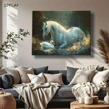 Arte de pared en lienzo 2D plano, elegante de caballo blanco y cisne - pintura clásica con marco de madera, colores pastel serenos (beige, azul, verde, dorado) - decoración para el hogar interior/exterior - transparente - Ver 4