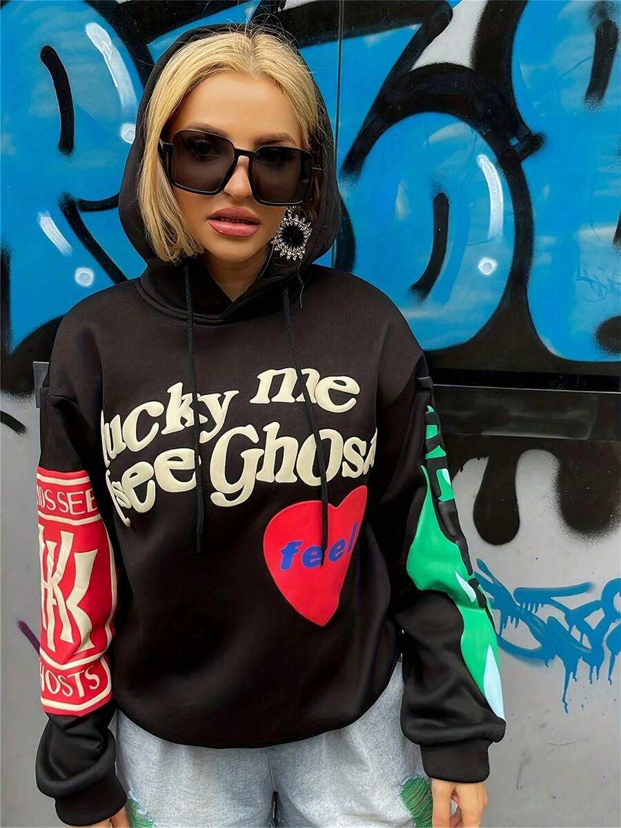 春秋经典纯色街头女帽衫街头字母爱心印花长袖嘻哈帽衫女款