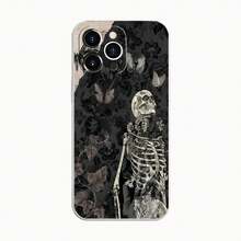 Funda negra artística con estampado floral de esqueleto, compatible con  16 Pro Max,  15 Pro Max,  13 y  12. Fabricada en TPU para una protección eficaz contra golpes y caídas. Un regalo ideal para familiares, amigos, seres queridos, parejas y Navidad. - Negro - Ver 6