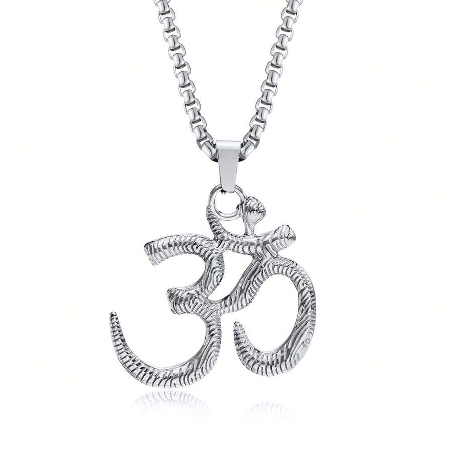 Stainless Steel Om Necklace For Men Women, Gold Plated/Silver/Black Yoga Charm Pendant Necklaces Aum Om Ohm Sanskrit Sym.Bol Hindu Meditation Chain Necklace,Mens Womens Jewelry Gifts,Silver - 銀色 - 查看 1