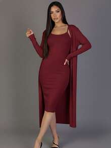 2pcs Women's Rib Knit Cardigan & Cami Midi Bodycon Dress Casual Loungewear - 酒紅色 - 查看 1