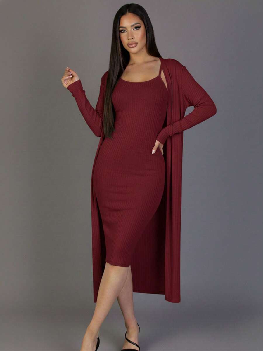 2pcs Women's Rib Knit Cardigan & Cami Midi Bodycon Dress Casual Loungewear - 酒紅色 - 查看 1