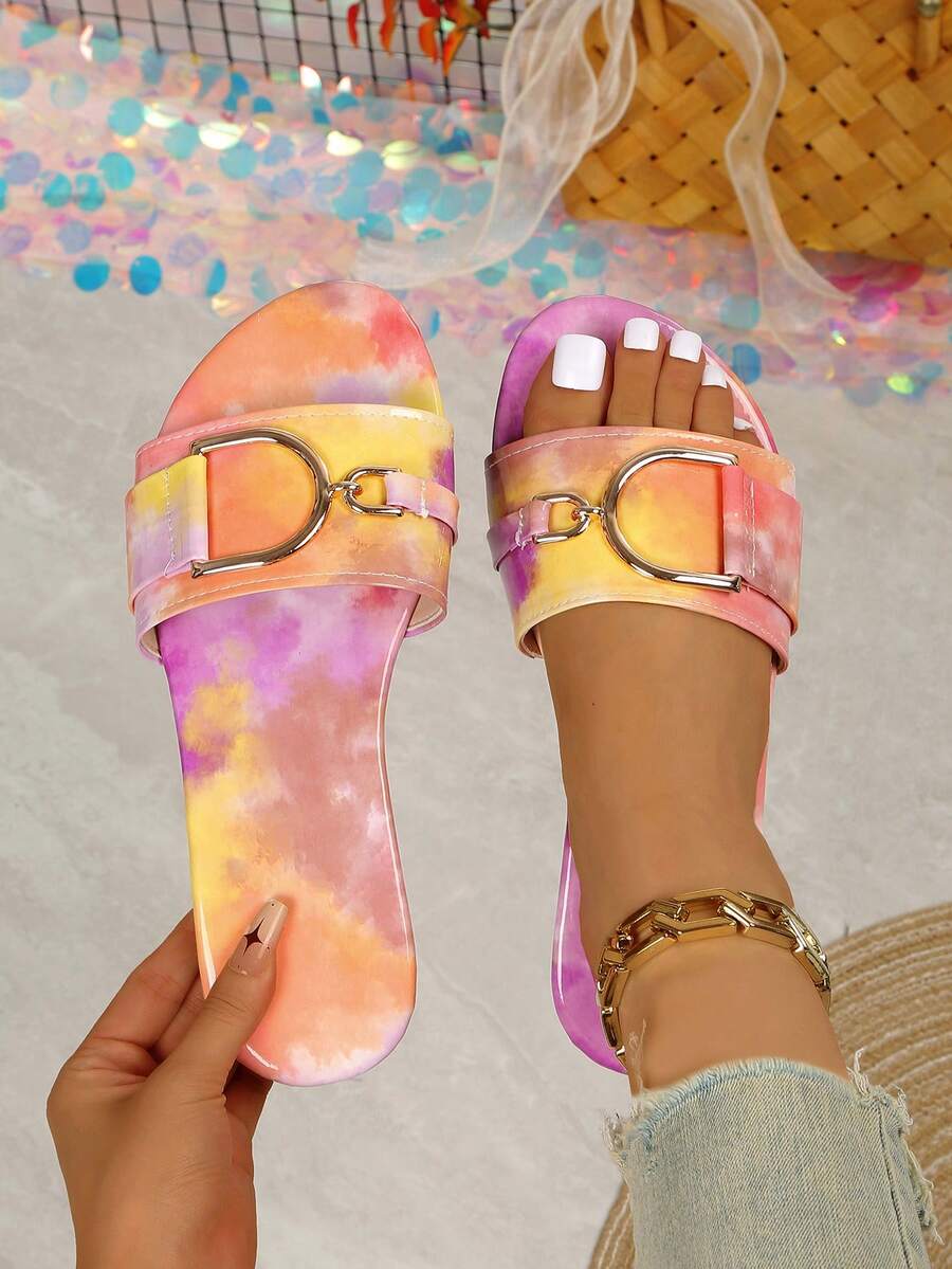 2025 Summer New Flat Slippers, 1 Pair Of Elegant Flat Shoes With Fashionable Retro Gold Buckle Sandals, Beach Vacation Shoes, Elegant Lady, Preppy College Style, Avant-Garde Vacation, Beach Bohemian, Casual PU Leather Buckle Beach Holiday Wedding Party Office Home Outdoor Spring Summer Autumn - Red Violet - View 1