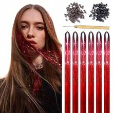 Hair Tinsel Kit, Fairy Tinsel Hair Extensions With Tool 48In 1200 Strands Red Hair Tinsel Heat Resistant, Glitter Hair Extensions For Women, Accessories For Halloween Christmas Cosplay Party,Red-A - 紅色-A - 查看 1
