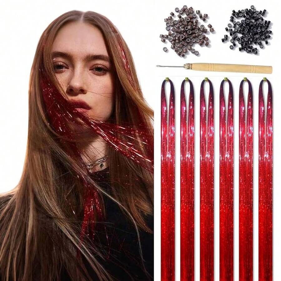 Hair Tinsel Kit, Fairy Tinsel Hair Extensions With Tool 48In 1200 Strands Red Hair Tinsel Heat Resistant, Glitter Hair Extensions For Women, Accessories For Halloween Christmas Cosplay Party,Red-A - 紅色-A - 查看 1