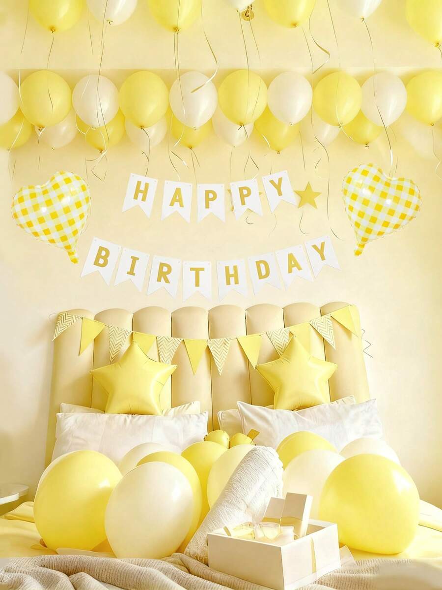 43件組白色生日快樂橫幅與馬卡龍黃白色乳膠氣球套組,含黃色格紋心形鋁箔氣球,適用英文Happy Birthday字母裝飾,派對場景佈置,生日派對、家庭派對背景裝飾、婚禮、畢業典禮,生日派對裝飾藍色氣球 - 彩色 - 查看 1