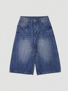 Y2K 复古水洗猫须口袋阔腿百慕大牛仔短裤，休闲七分裤