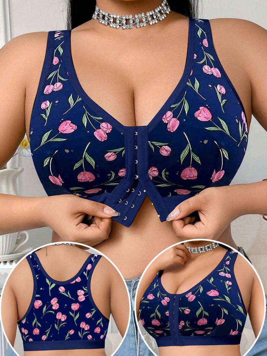 Plus Size Comfortable Wireless Printed Front Closure Bra - Navy Blue - View 1