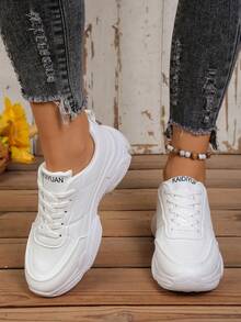 Women's White British Style Lace-Up Sneakers, Round Toe Low-Top Thick Sole Slip-On Shoes, Fashionable Breathable Non-Slip Chunky Sneakers For Students - White - View 5