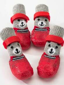 4pcs/Set Dog Cat Waterproof Shoes Socks, Pet Winter Warm Boots, Dog Shoes For Rainy Snowy Days, Small Dog Anti-Slip Anti-Dirty Breathable Puppy Shoes, Red